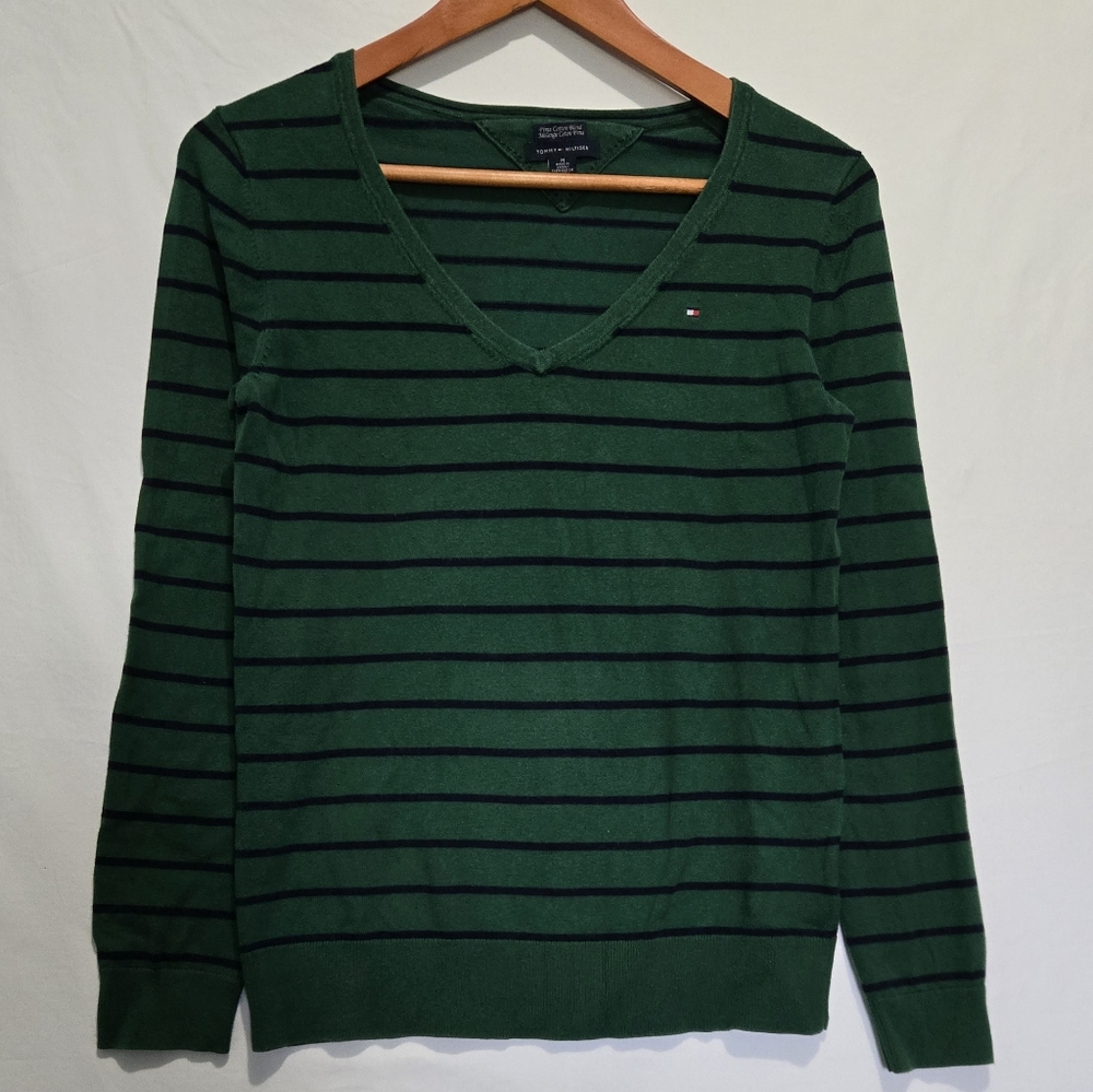 Tommy Hilfiger Green Navy V Neck Striped Women's Fitted Sweater Size Medium